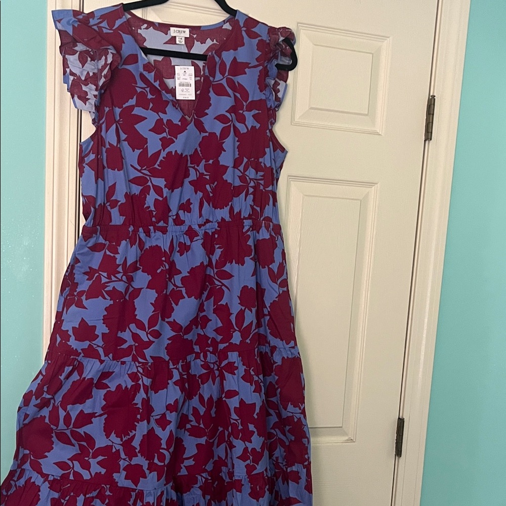 J Crew  Floral Ruffle Sleeve Midi Dress in Periwinkle and Berry